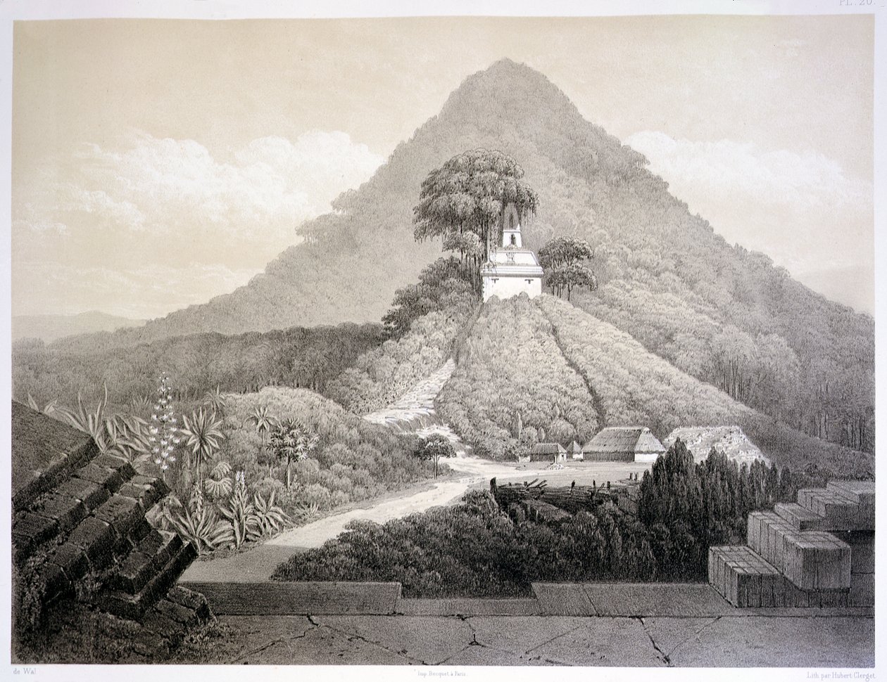 Vista pitoresca do Templo da Cruz, Palenque, placa 20 de "Antigos Monumentos do México", gravada por Hubert Clerget (1818-99) 1866 (litho) de Johann Friedrich Maximilian von (after) Waldeck