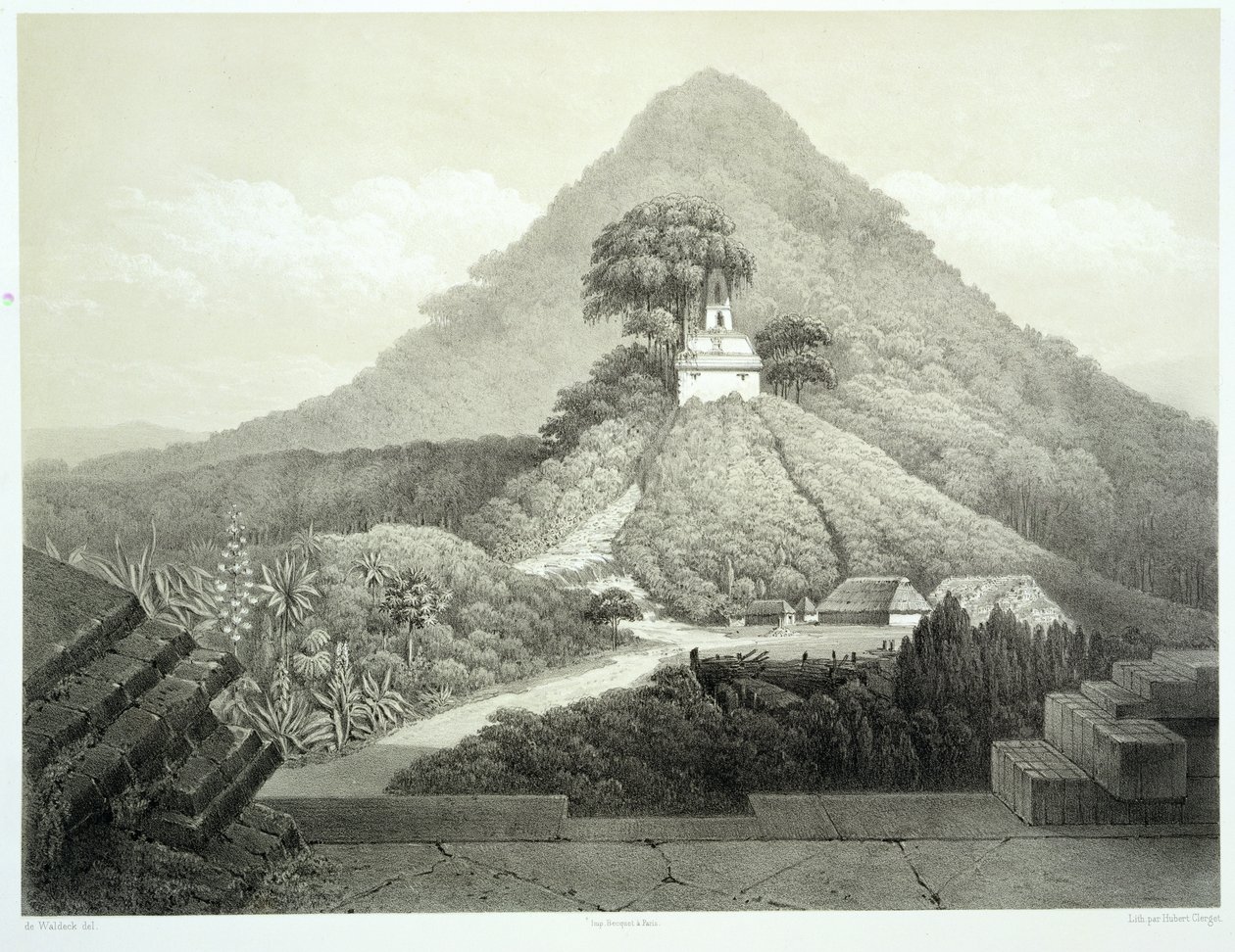 Vista pitoresca no templo da Cruz, Palenque, placa 20 de &39;antigos monumentos do México&39;, gravada por Hubert Clerget (1818-1899) 1866 de Johann Friedrich Maximilian von Waldeck