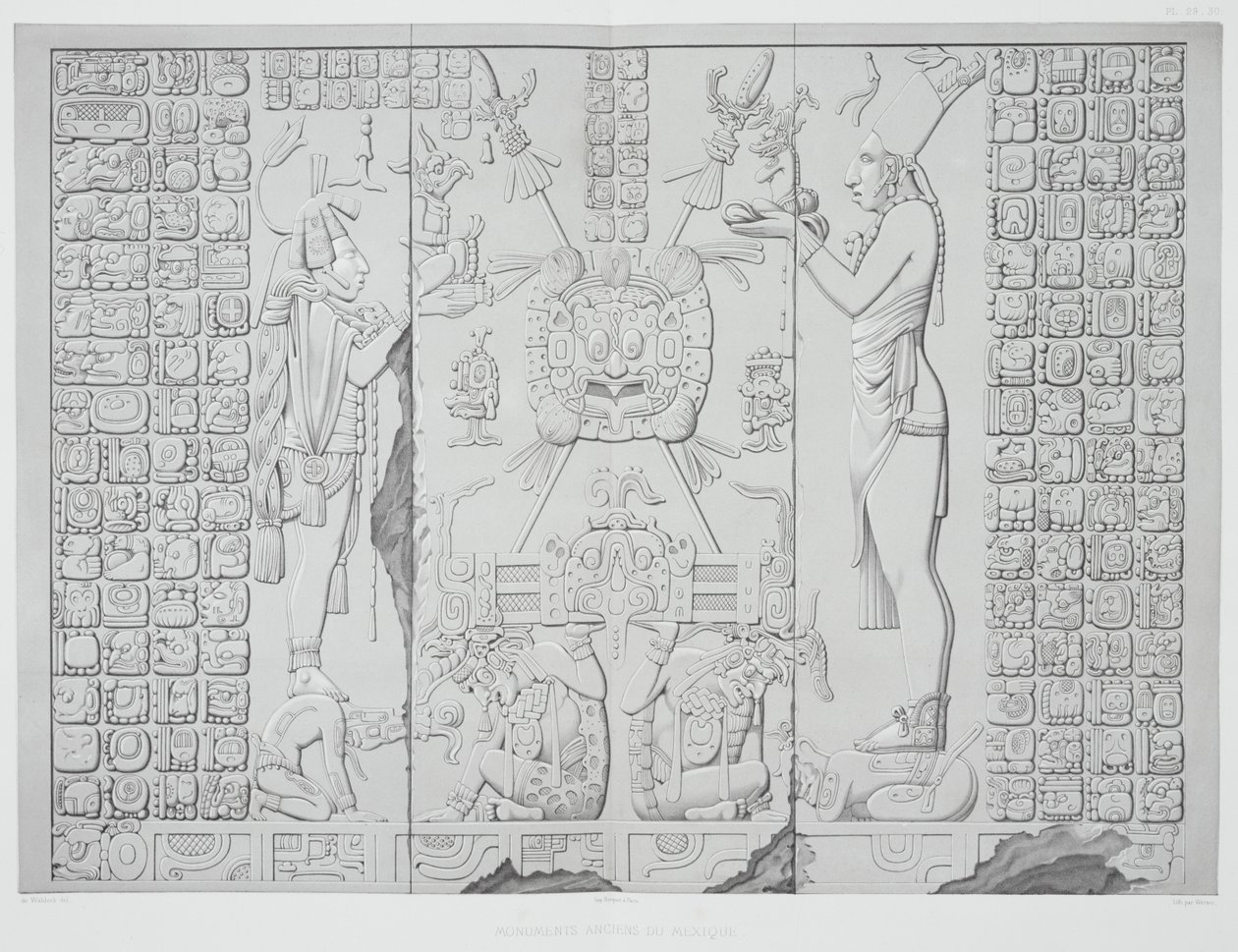 Relevo retratando um sacerdote com oferendas do Santuário do Templo do Sol, Palenque, placas 29 e 30 de antigos monumentos do México, gravadas por Werner, 1866 de Johann Friedrich Maximilian von Waldeck