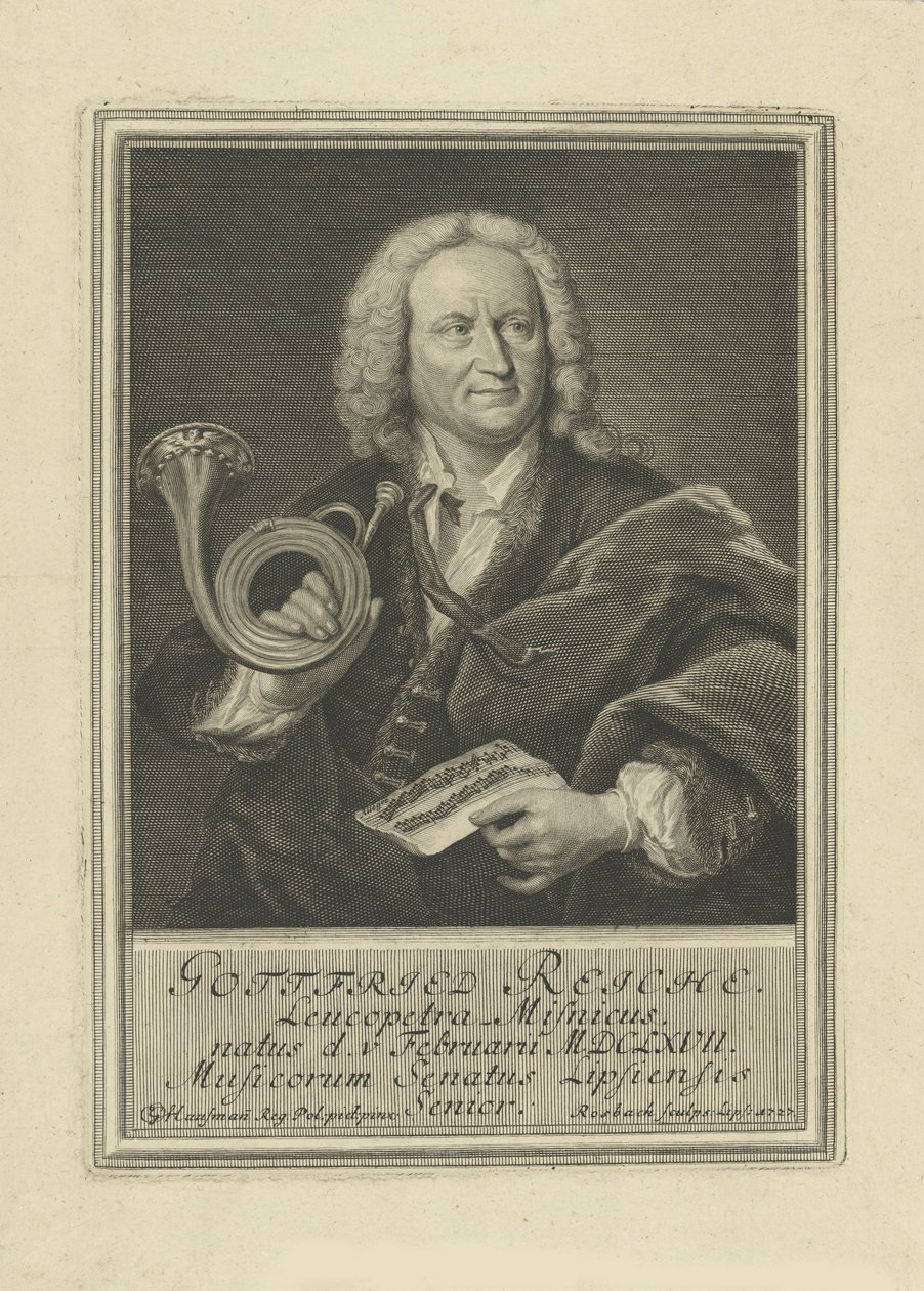 Retrato do trompetista e compositor Gottfried Reiche 1667-1734, 1727. de Johann Friedrich Rosbach