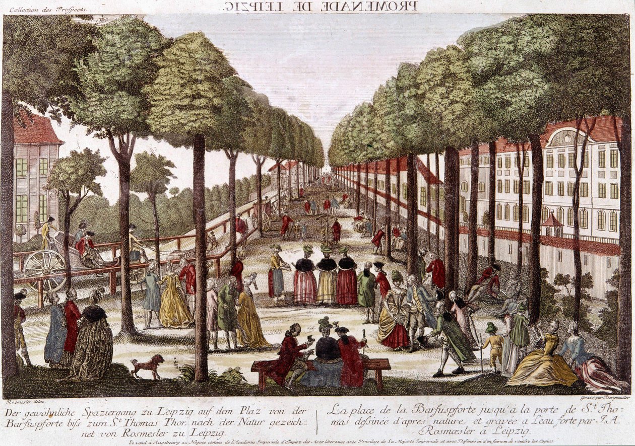 O passeio de Leipzig no final do século XVIII. gravada por Rosmesler & Bergmuller. de Johann Georg Bergmuller