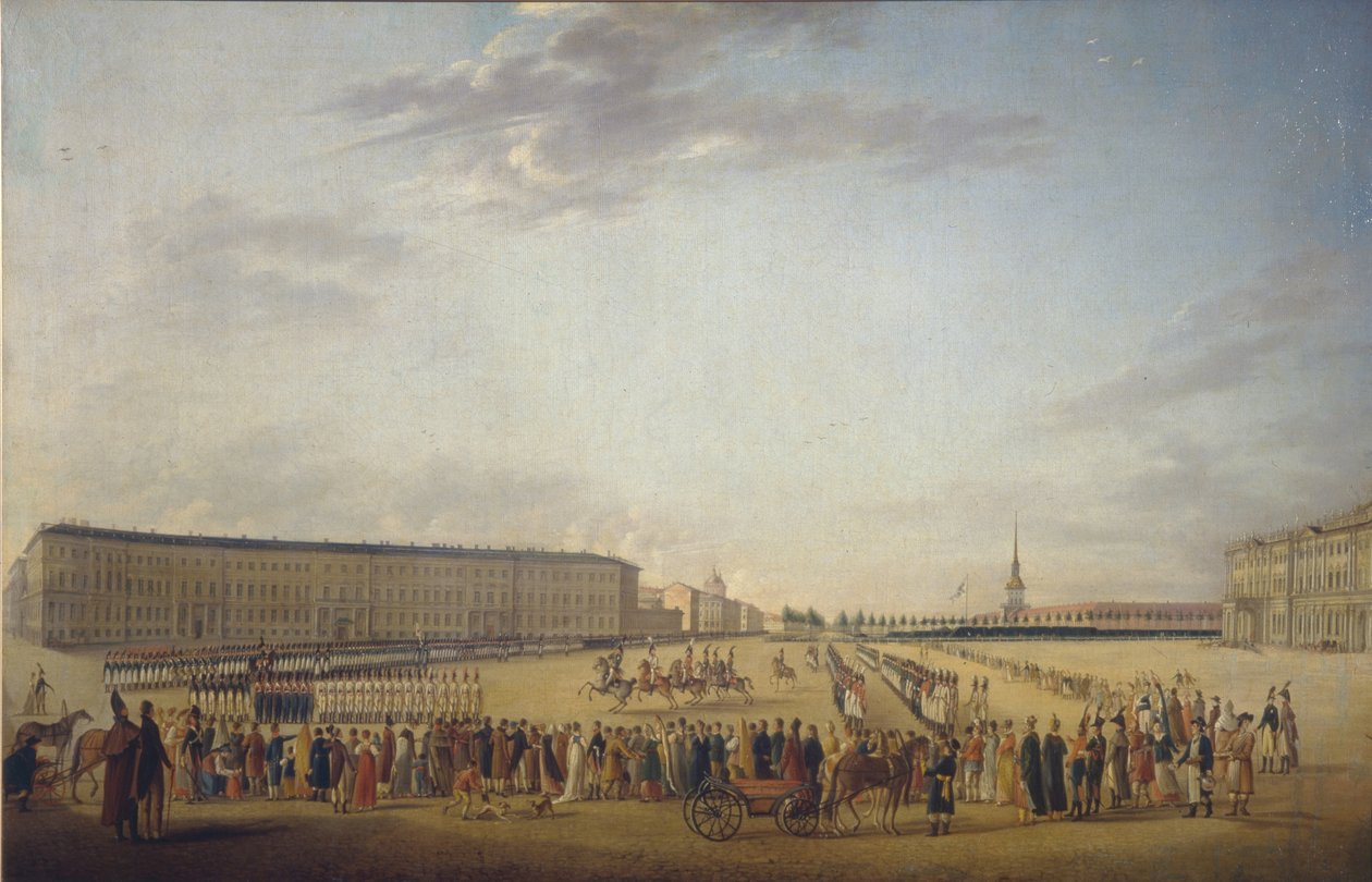 Troca da Guarda na Praça do Palácio em São Petersburgo, c. 1800 de Johann Georg Mayr