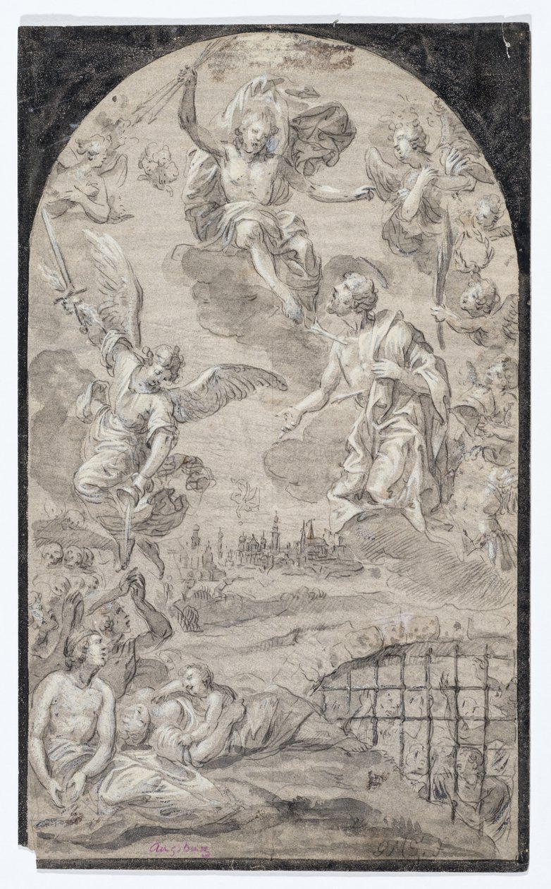 Santo intercedendo junto de Cristo para que não atire o raio sobre a cidade de Augsburgo, c.1501-1600 (giz preto, caneta e tinta preta, aguada cinzenta e preta e cor de corpo branca sobre papel vegetal cinzento preparado) de Johann Georg Melchior (1625 1705) Schmittner