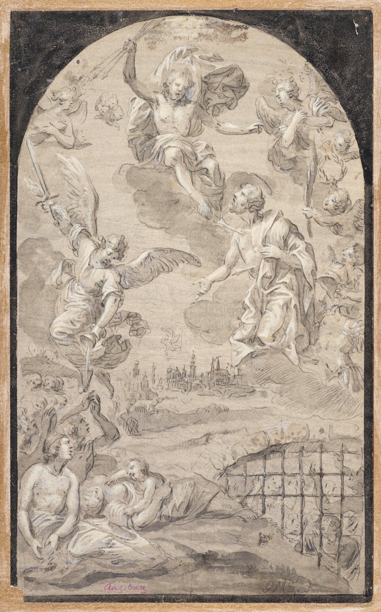 Santo que intercede junto de Cristo para que não seja lançado o raio sobre a cidade de Augsburgo de Johann Georg Melchior (1625 1705) Schmittner
