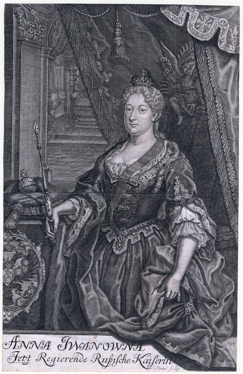 Anna Ivanovna foi Imperatriz da Rússia de 30 de Janeiro de 1730 a 29 de Outubro de 1740. - Retrato da Imperatriz Anna Ioannovna (1693-1740) - Mentzel (Menzel), Johann Georg (1677-1743) - 1733 - Gravura em cobre - 32,3x20,6 - Coleção Particular de Johann Georg Menzel