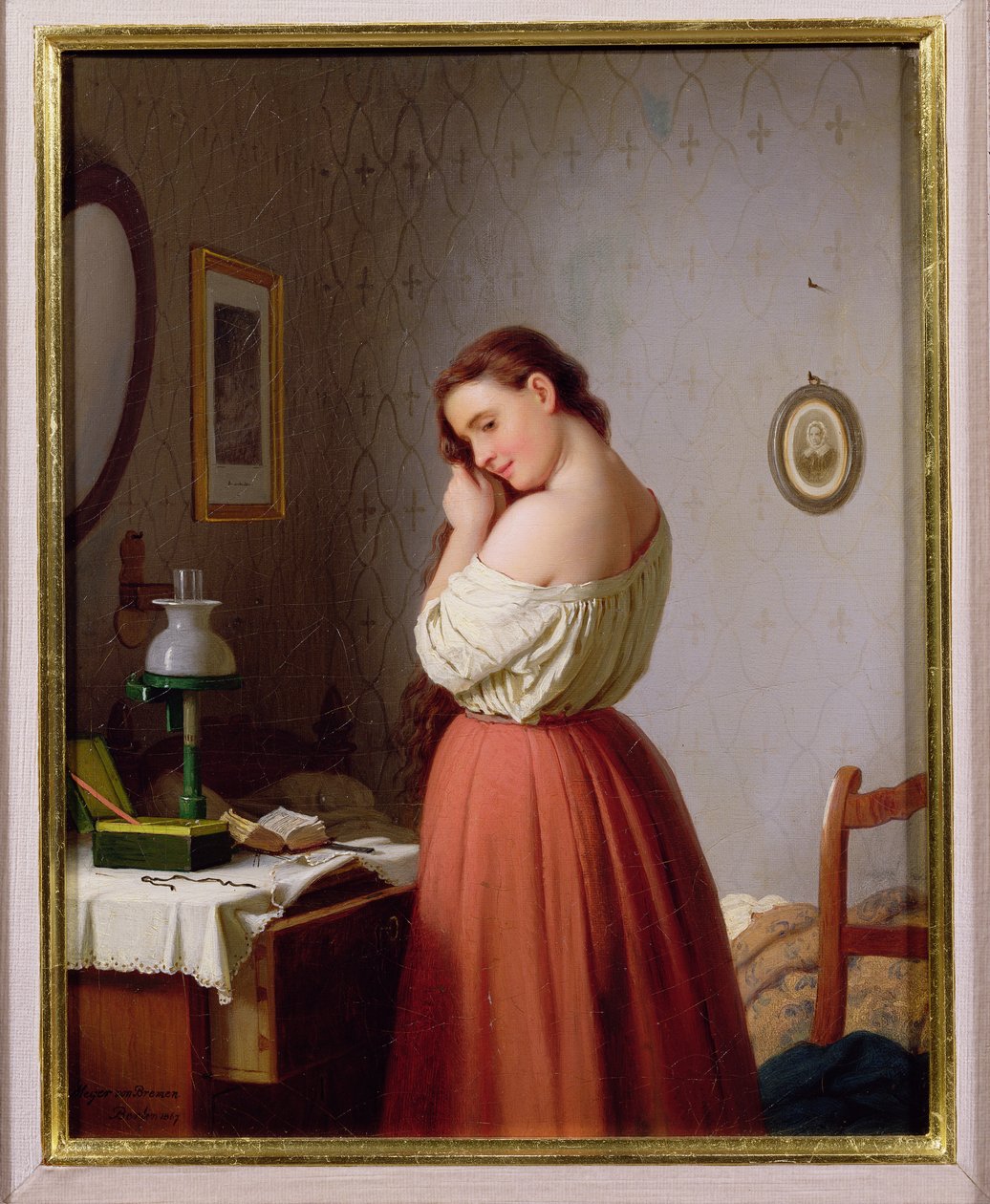 Mulher jovem, plaiting, dela, cabelo de Johann Georg Meyer von Bremen