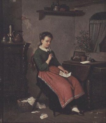 Menina jovem, escrita uma carta amor de Johann Georg Meyer von Bremen