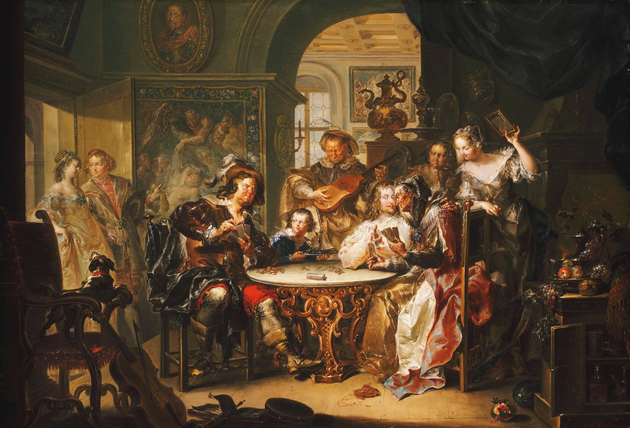Um cavalheiro traindo Cartas com uma senhora idosa em um interior suntuoso, de Johann Georg Platzer