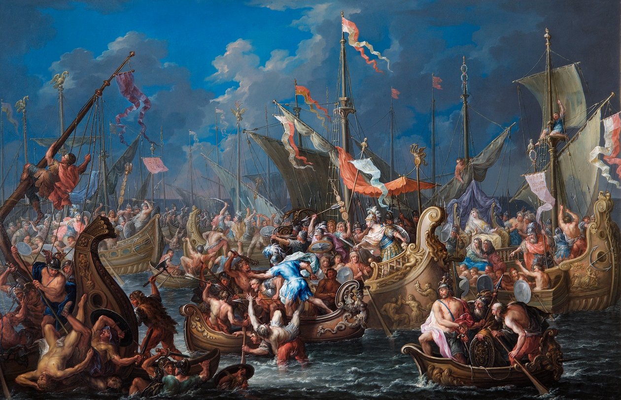 Anthony e Cleopatra na Batalha de Áctio (óleo sobre cobre) de Johann Georg Platzer
