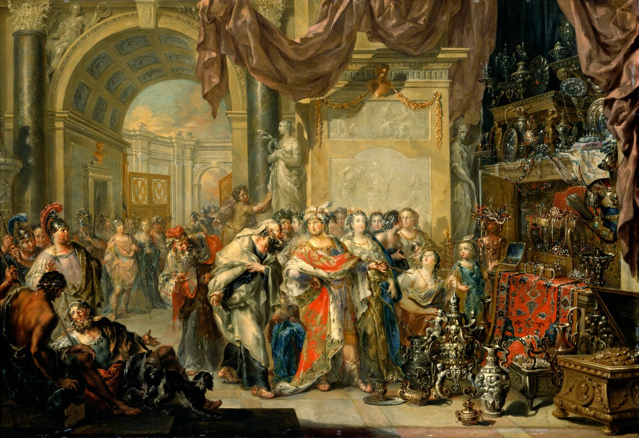 "Cresus (596-546 avant JC) montre ses tresors a Solon (640-558 av. JC)" - Croesus and Solon - Óleo sobre cobre por Johann Georg Platzer (1704-1761) - State Art Gallery, Dresden de Johann Georg Platzer