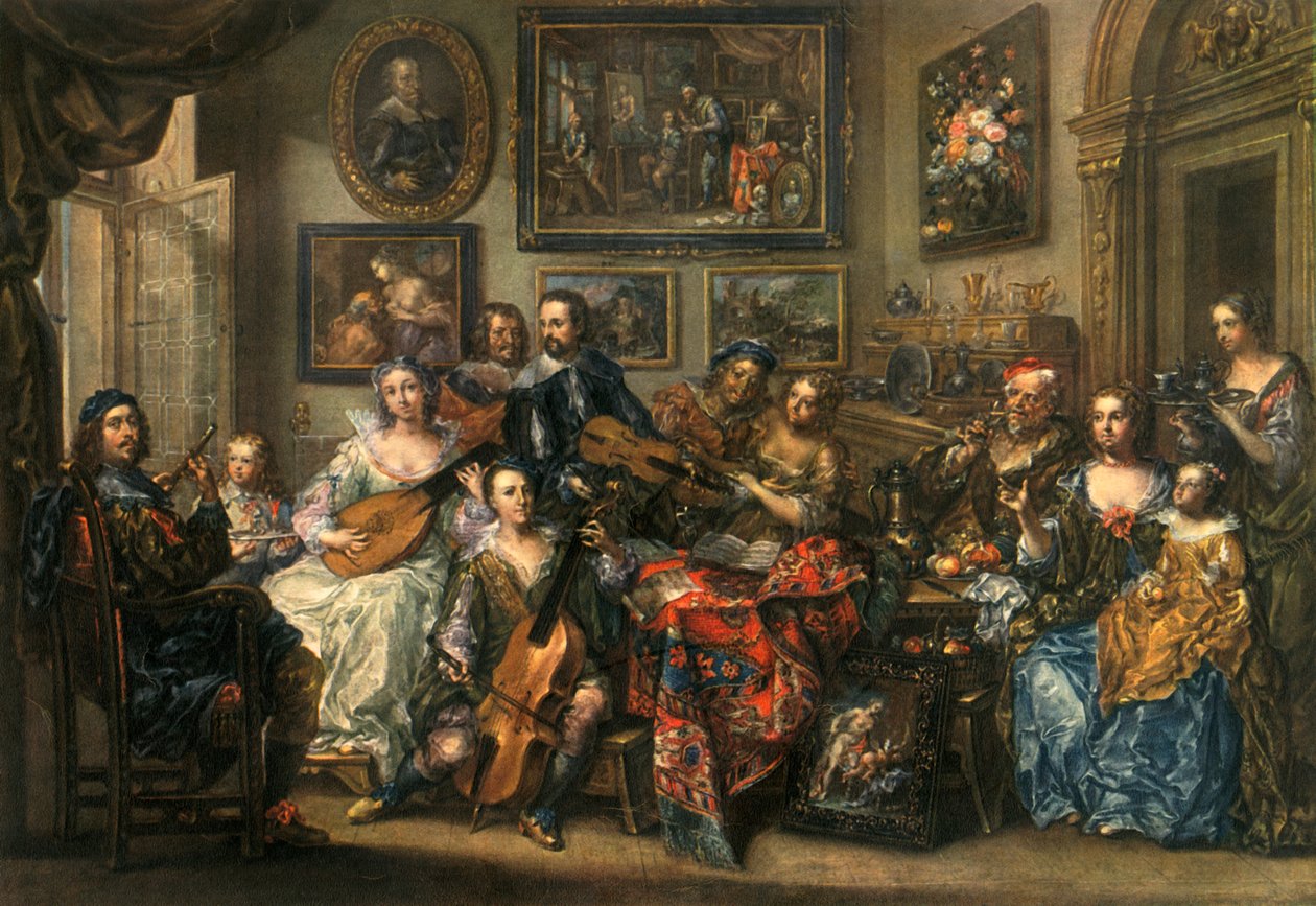 Flauta, alaúde, violoncelo e violino, Johann Georg Platzer 1704-1761, 1948 de Johann Georg Platzer
