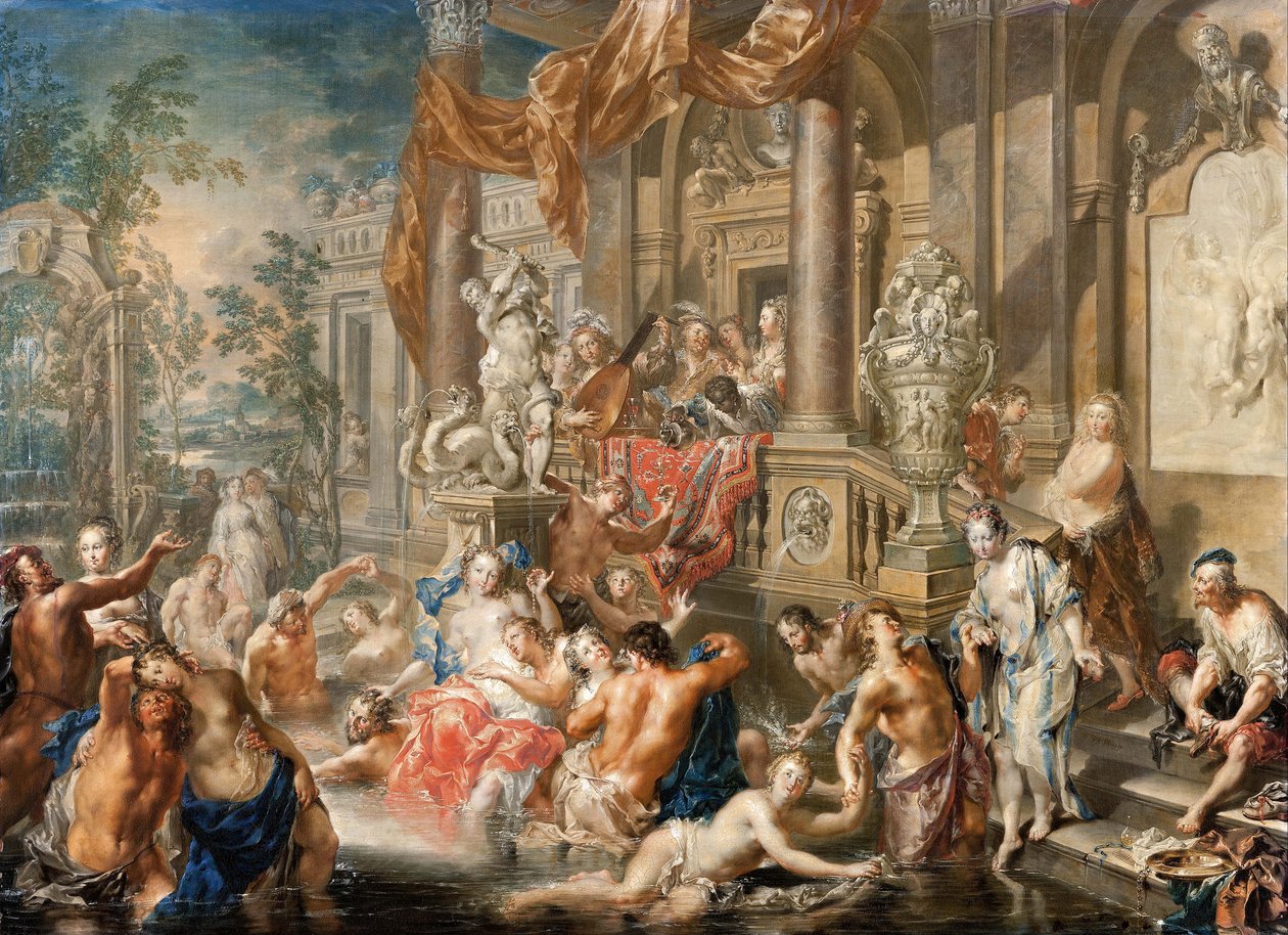 Cena da fonte na frente de um palácio, 1731-1734. de Johann Georg Platzer