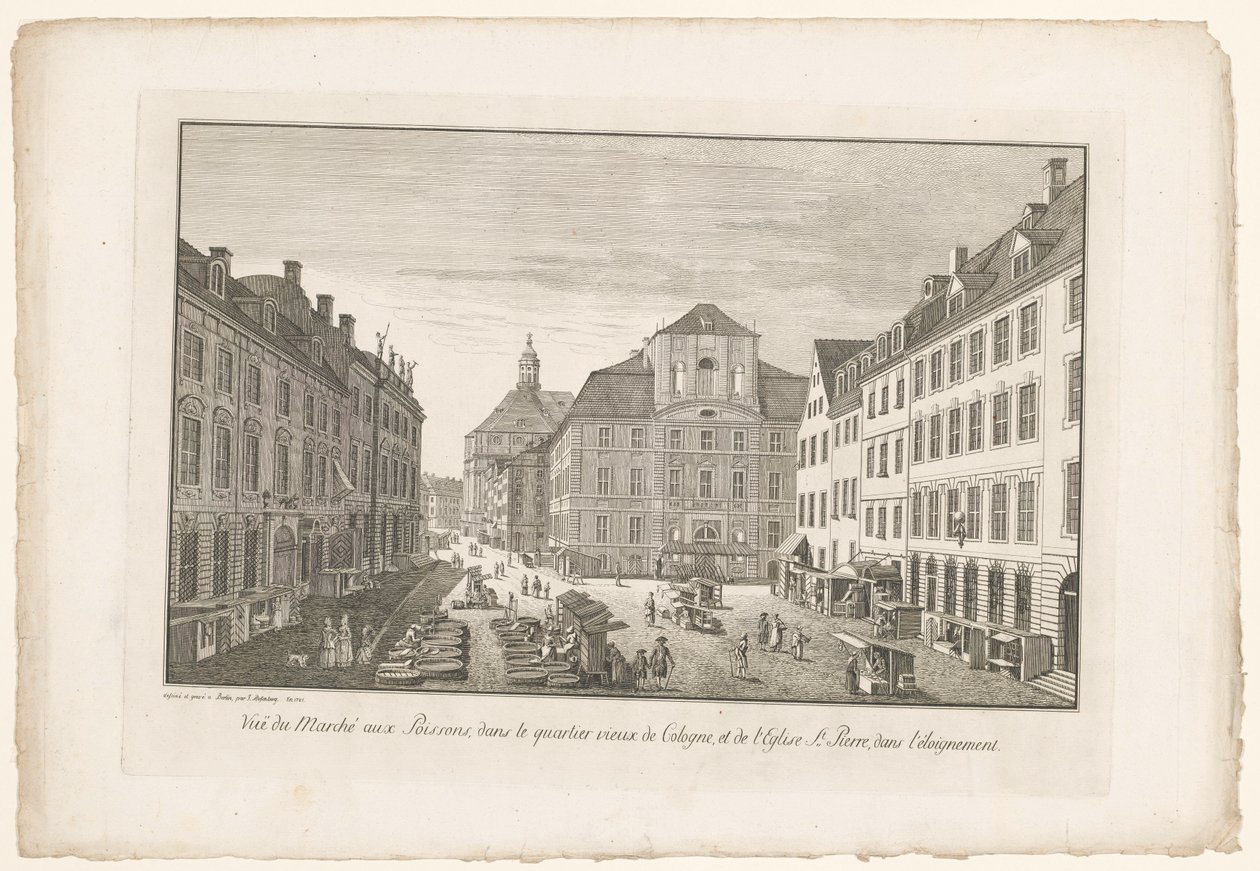 Gezicht op een vismarkt in Keulen met de Sint-Petruskerk
Vista do Mercado do Peixe na parte antiga de Colónia e da Igreja de S. Pedro à distância (título sobre o objecto) de Johann Georg Rosenberg