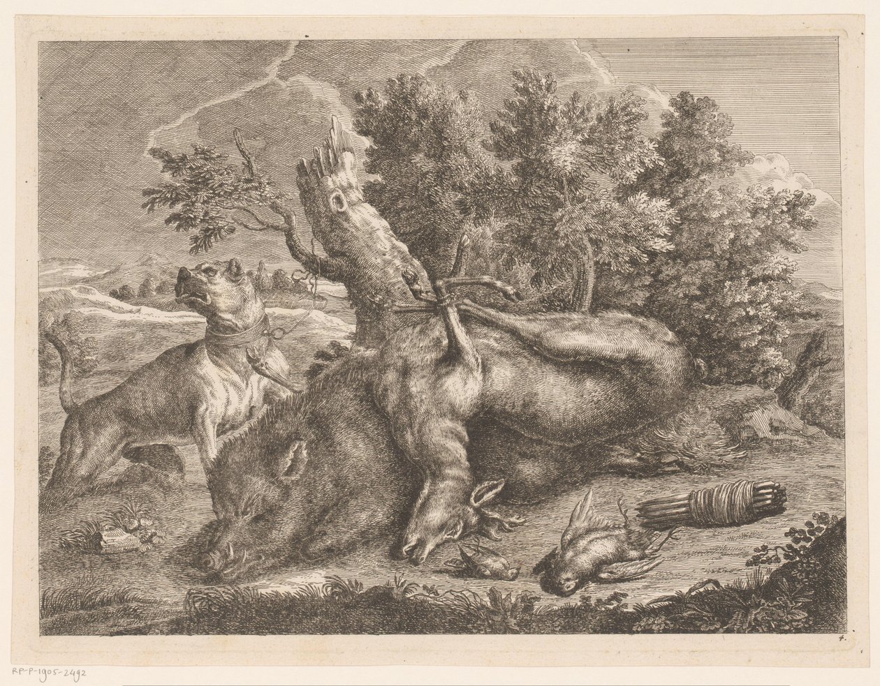 Cão de caça e bota de caça com javali, veado e aves
Caça no exterior (título da série) de Johann Georg Wachsschlunger