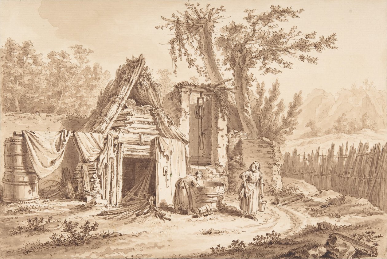 Lavadeiras em frente a uma casa de campo, 1769. de Johann Georg Wille