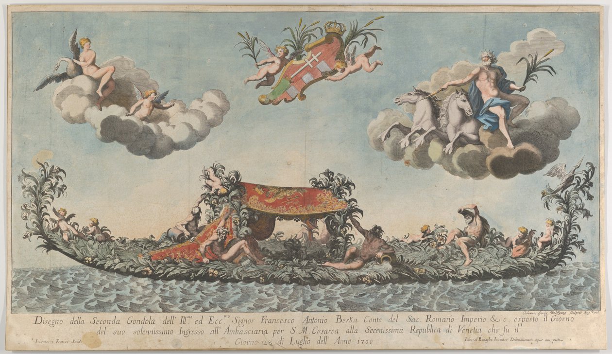 A segunda gôndola altamente ornamentada de Francesco Antonio Berka entrando em Veneza, Deuses em c..., 1700. de Johann Georg Wolfgang