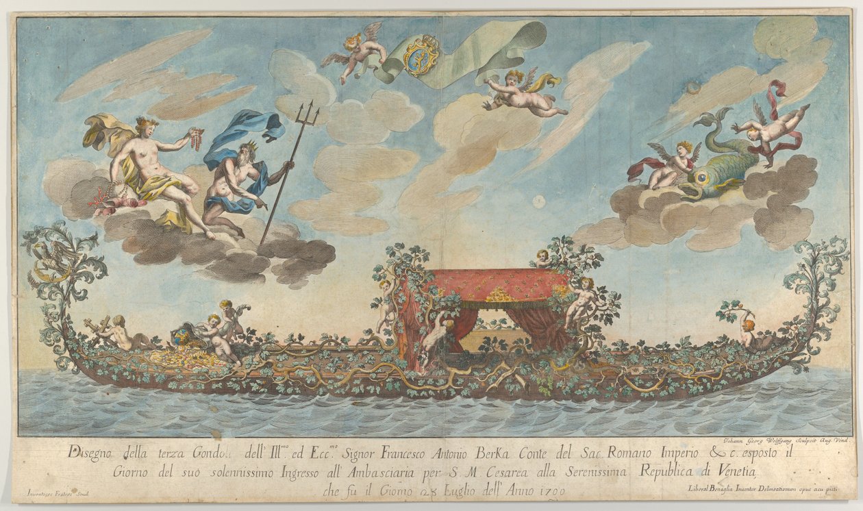 A terceira gôndola altamente ornamentada de Francesco Antonio Berka entrando em Veneza, Gods on cl..., 1700. de Johann Georg Wolfgang