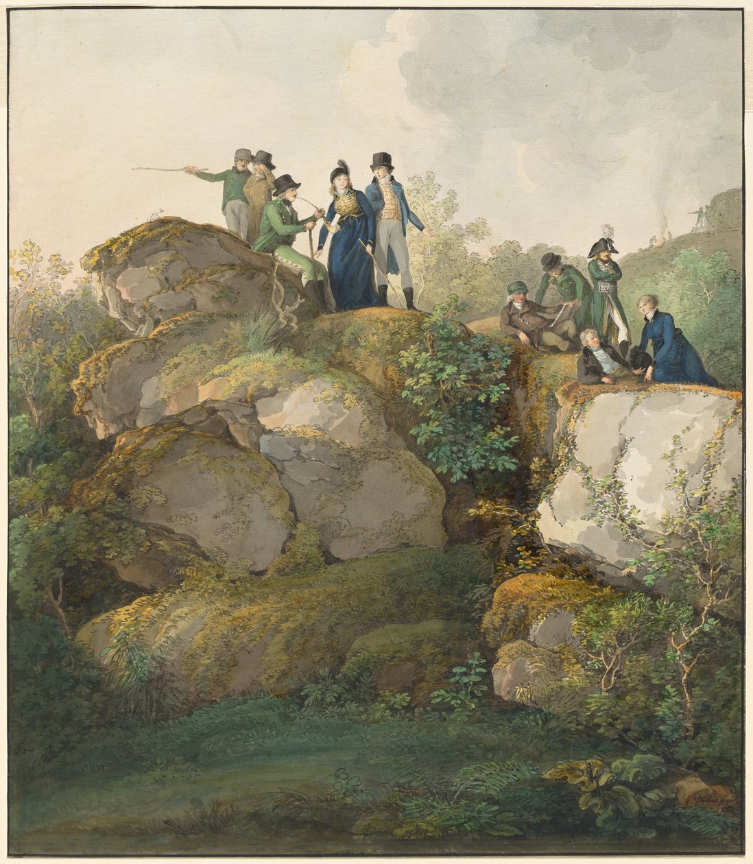 Uma Festa Real Admirando o pôr-do-sol no topo da montanha Hesselberg, 1801. de Johann Georg von Dillis