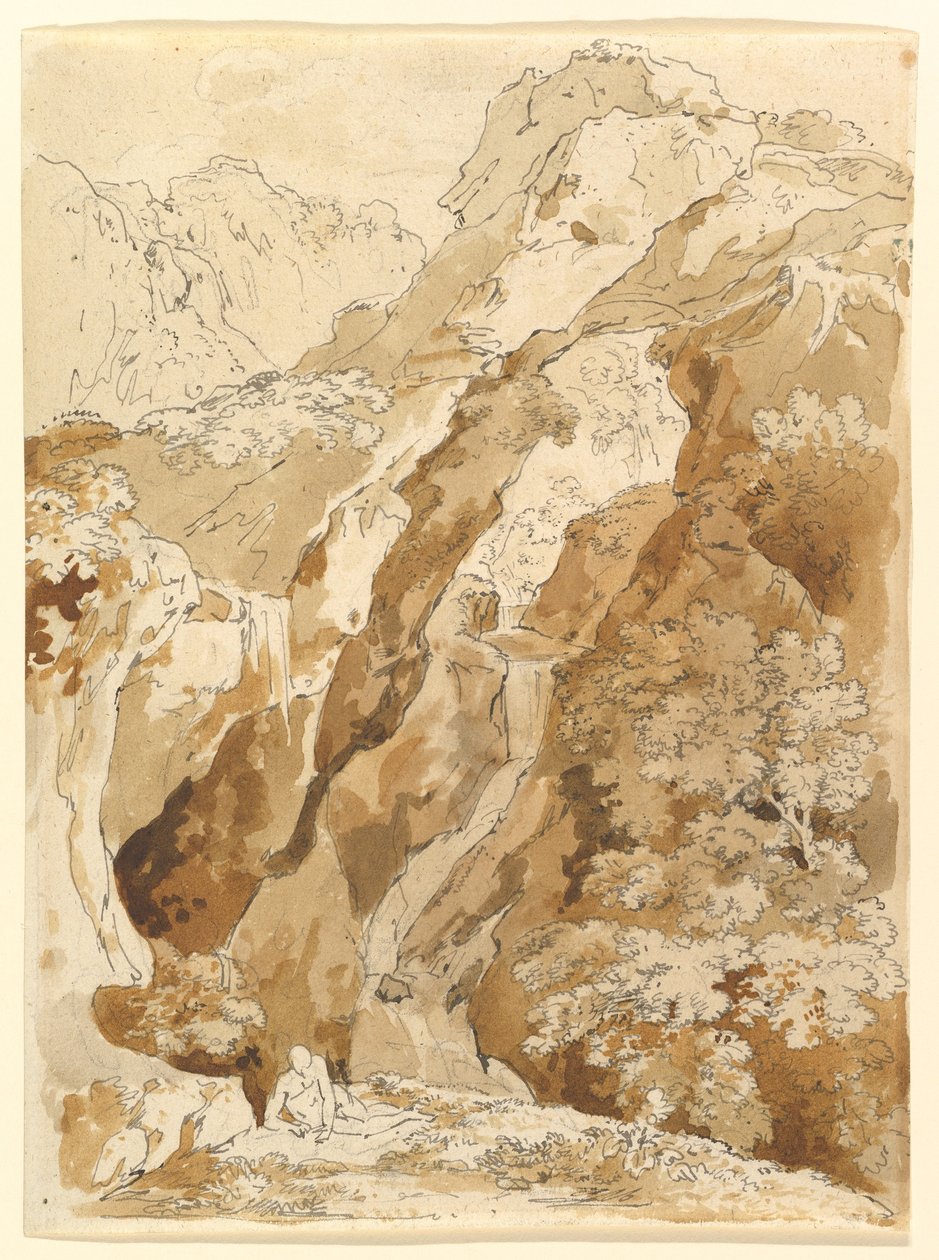 Homem deitado numa paisagem montanhosa com cascatas de Johann Georg von Dillis