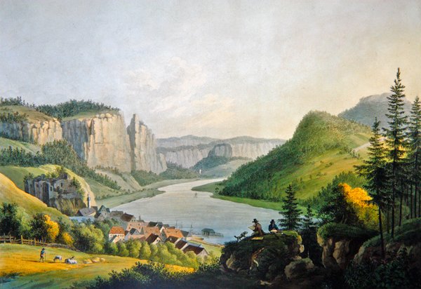 Vista de Wehlen no Elba, perto de Konigstein na Saxônia, gravada por Johann-Friedrich Wizani (1770-1835) (gravação a cores) de Johann Gottfried (after) Jentsch