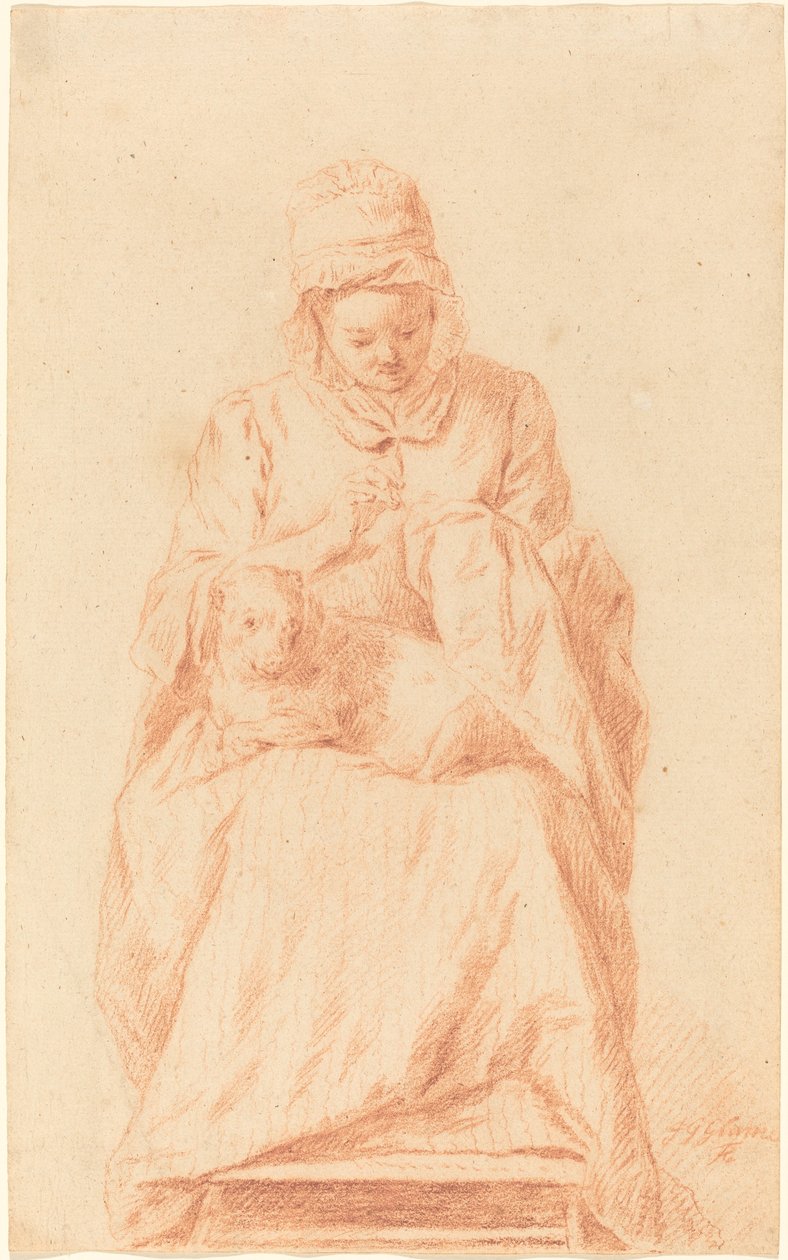 Jovem costurando com um cachorro descansando no colo de Johann Gottlieb Glume