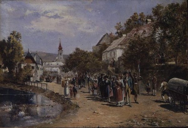 Procissão numa rua de uma aldeia na Áustria de Johann Hamza