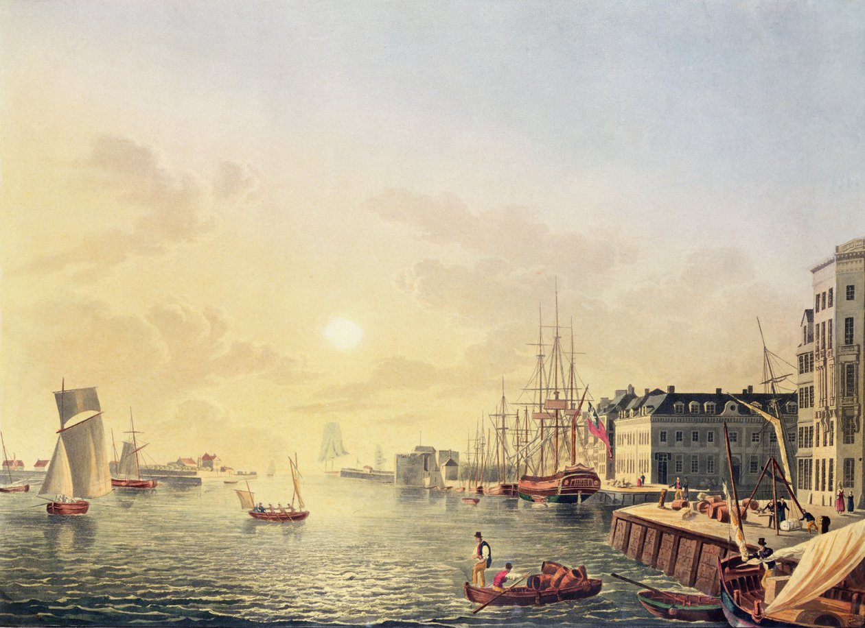 Vista do porto e do porto do Havre, início do século XIX (gravura a cores) de Johann Heinrich (after) Luttringshausen