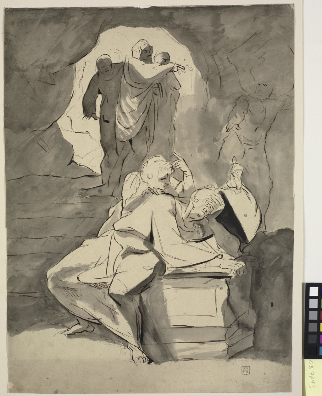 Um homem desesperado sobre uma lápide em uma caverna com outras figuras de Johann Heinrich Füssli