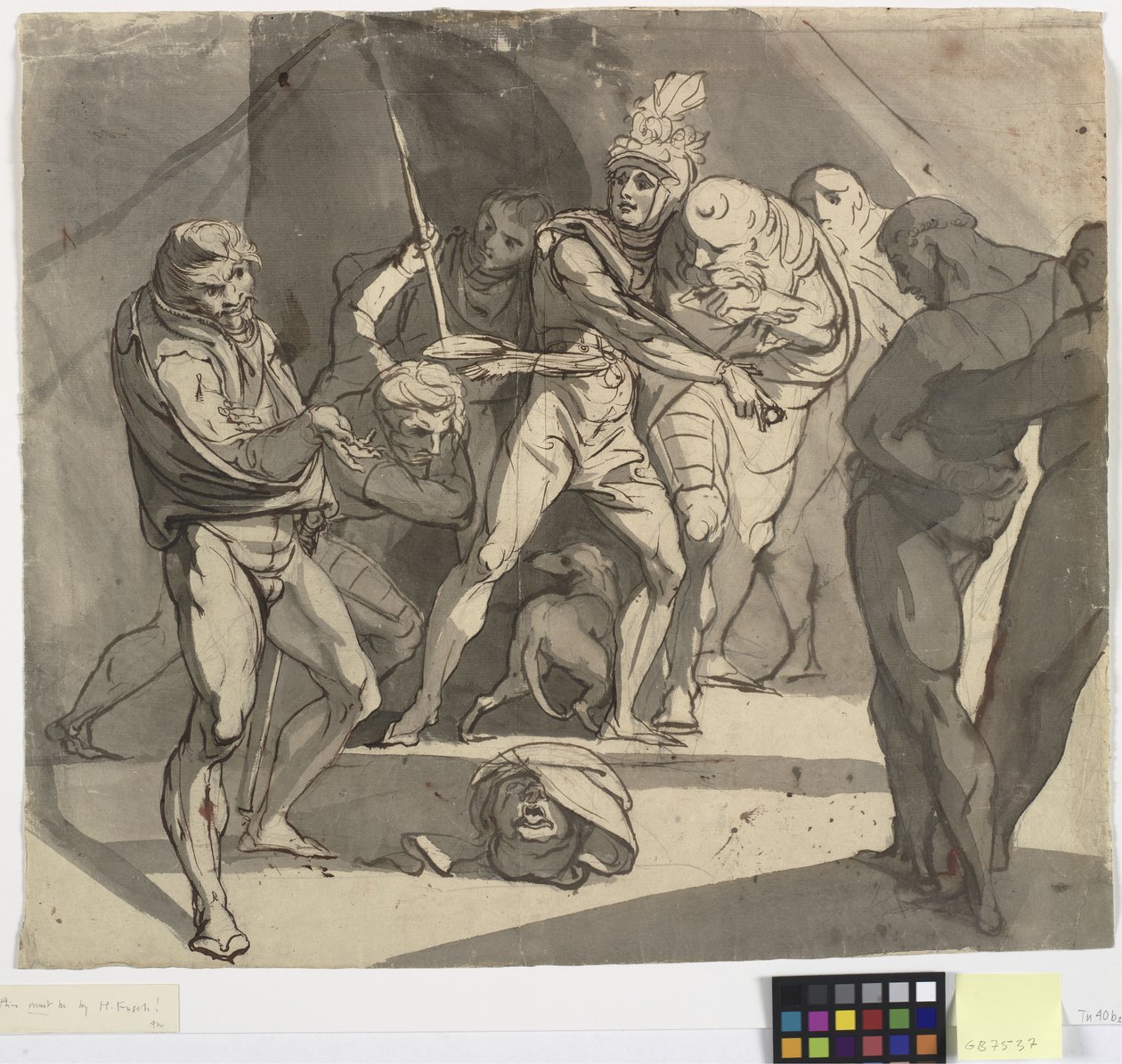 Richard Plantagenet joga a cabeça decepada do duque de Somerset aos pés de seu pai. Ilustração para Henry VI de Shakespeare, Parte 3, ato 1, linha 20 de Johann Heinrich Füssli