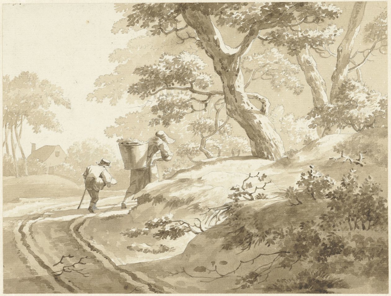 Paisagem com uma mulher e um menino em uma estrada rural de Johann Heinrich Keller (II) (possibly)