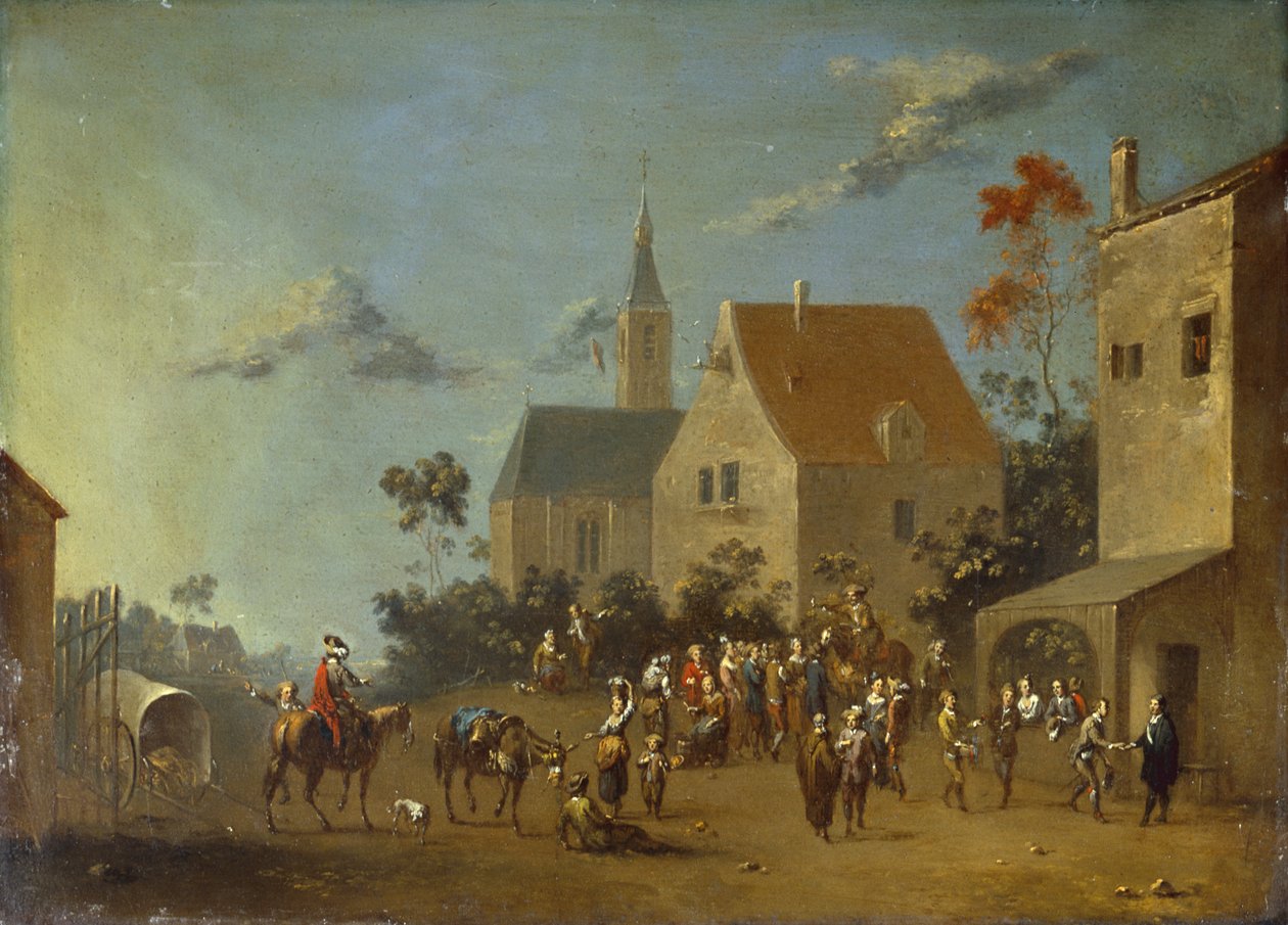 Camponeses que se reúnem numa aldeia (petróleo sobre metal) de Johann Heinrich Keller