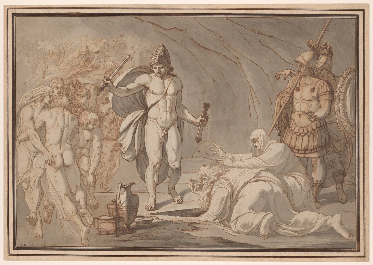 Odisseu, às portas do Hades, encontra as sombras de Tirésias e Antígua de Johann Heinrich Lips