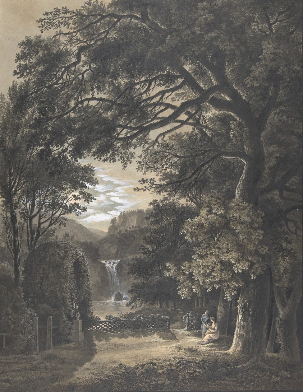 Família Reunida Diante de um Monumento em uma Paisagem com Cachoeira, 1805. de Johann Heinrich Meyer