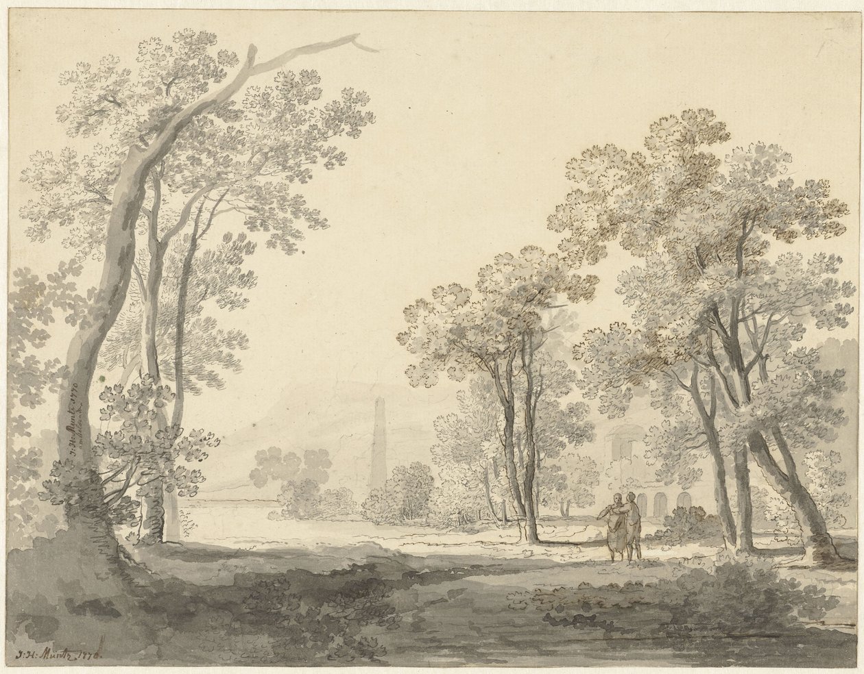 Paisagem com duas figuras à direita de Johann Heinrich Muntz
