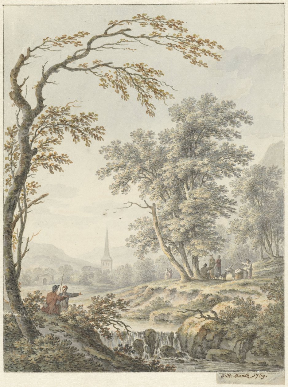 Paisagem com cascata e uma igreja à distância de Johann Heinrich Muntz