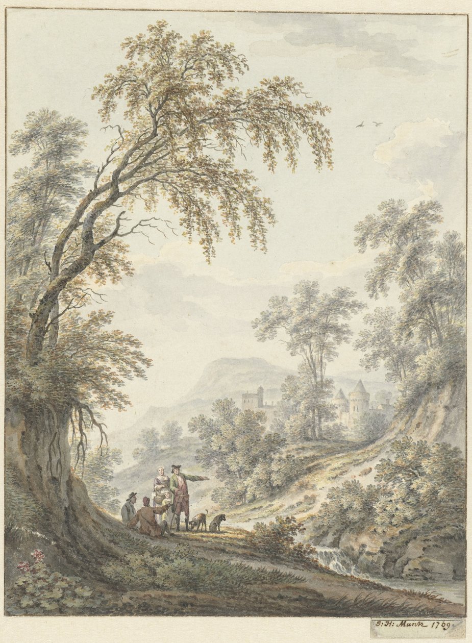 Paisagem com uma cachoeira e um castelo ao longe de Johann Heinrich Muntz