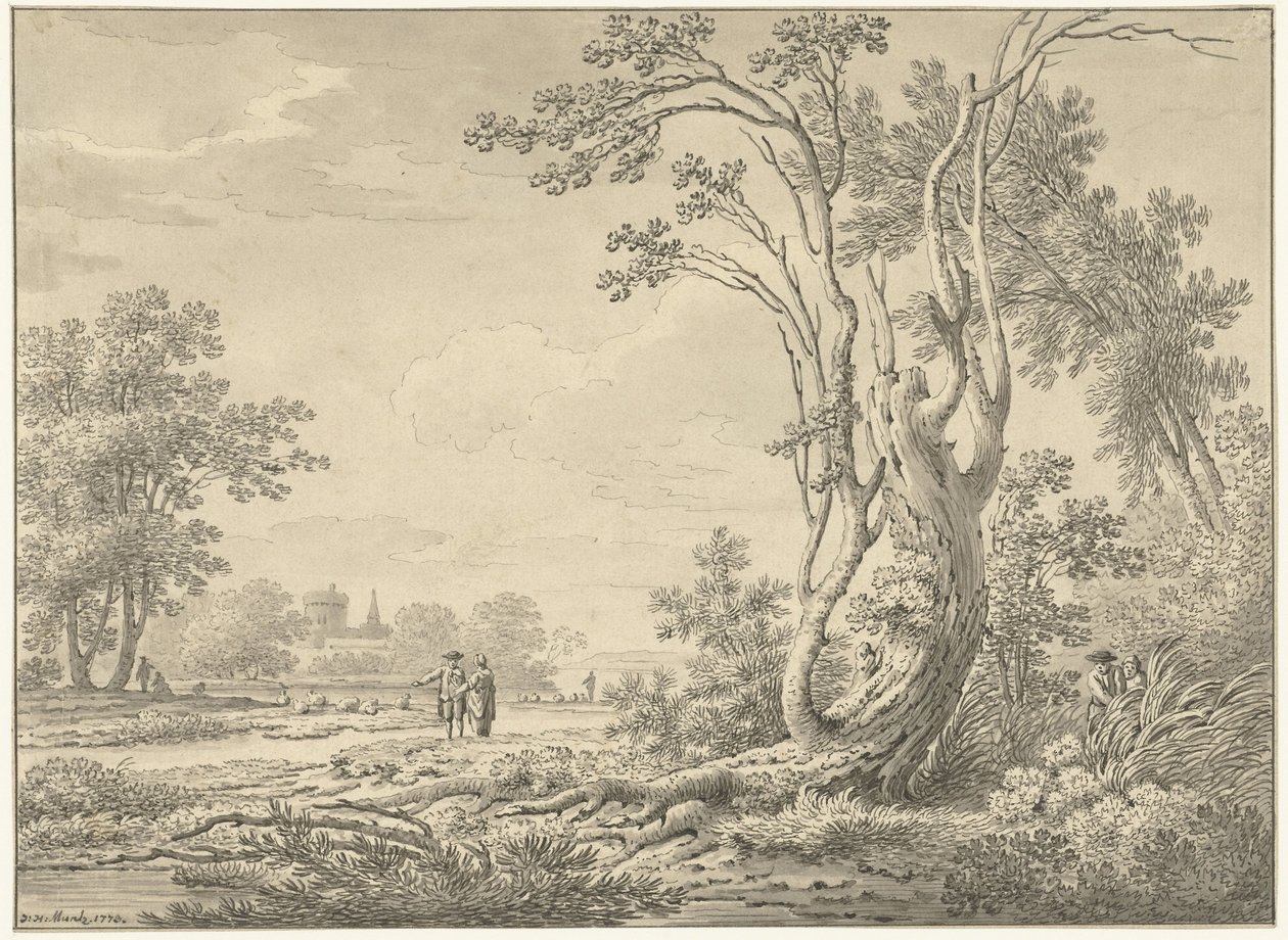 Paisagem do sul com castelo, gado e caminhantes de Johann Heinrich Muntz