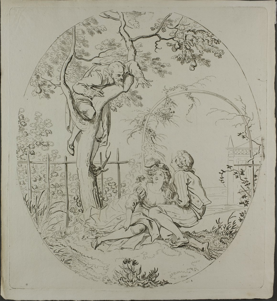 Homem barbudo a espiar os amantes debaixo de um caramanchão de Johann Heinrich Ramberg