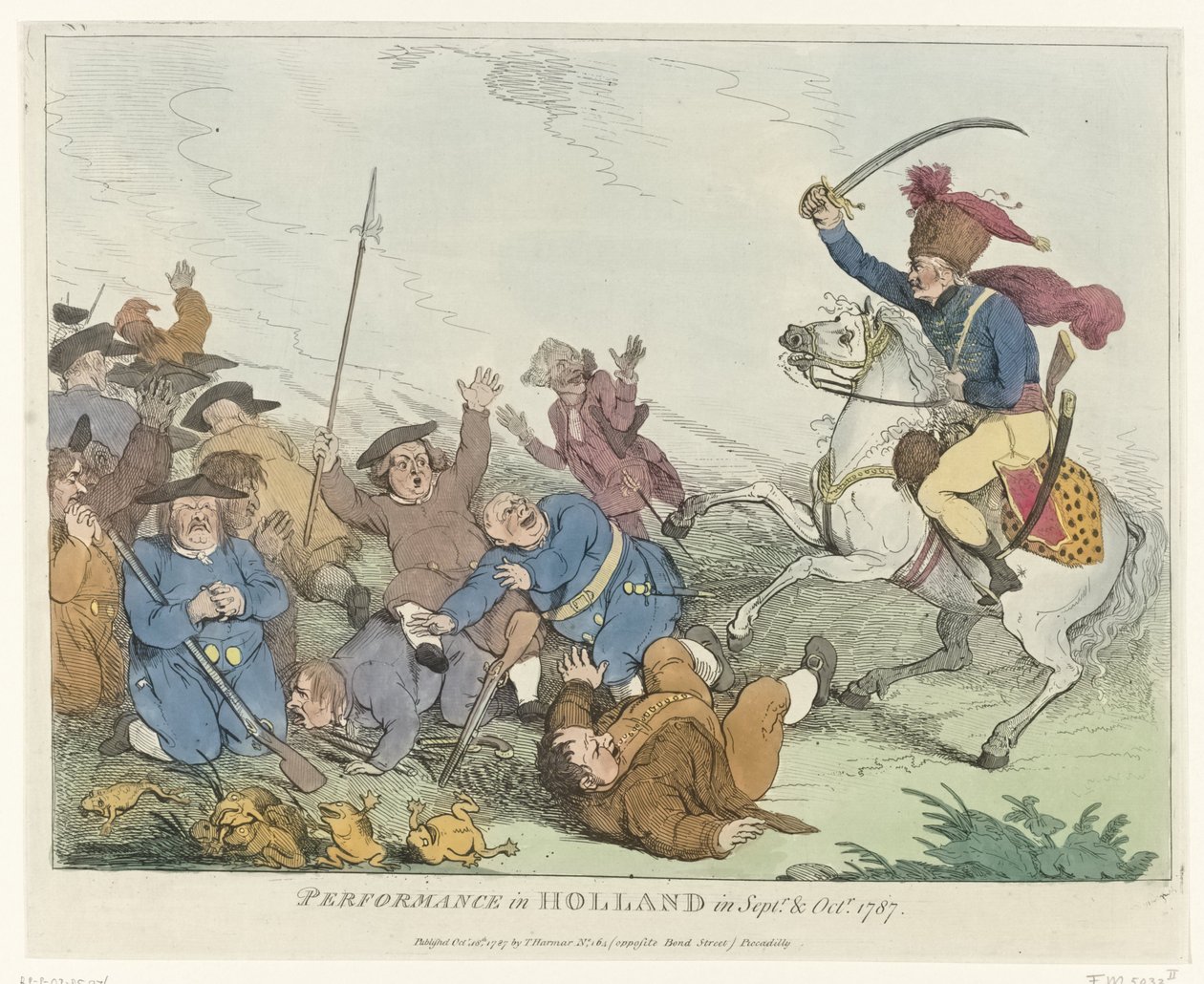 O Desempenho
Actuação na Holanda em Set.r & Out.r 1787 (título sobre o objecto)
Quatro desenhos animados ingleses sobre os Patriots em 1787 (título da série) de Johann Heinrich Ramberg