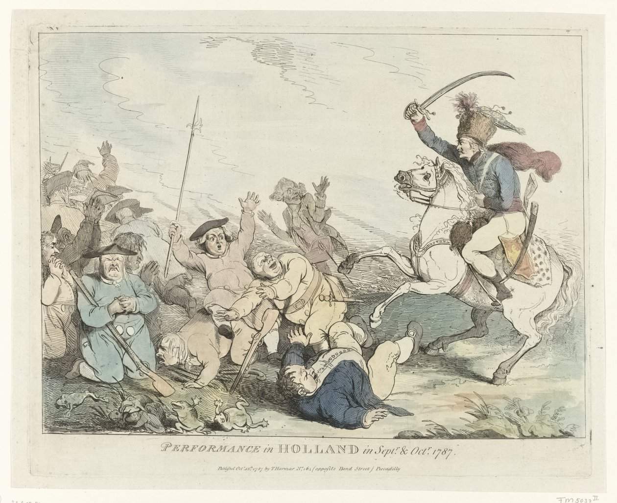 A apresentação Performance na Holanda em setembro e outubro de 1787 (título no objeto) Quatro desenhos em inglês sobre os Patriots em 1787 (título da série) de Johann Heinrich Ramberg