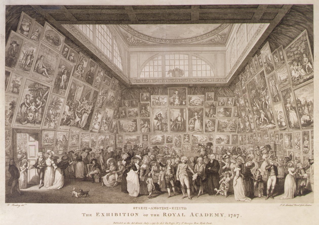 Vista interior da Somerset House mostrando uma exposição da Royal Academy of Arts em 1787 de Johann Heinrich Ramberg