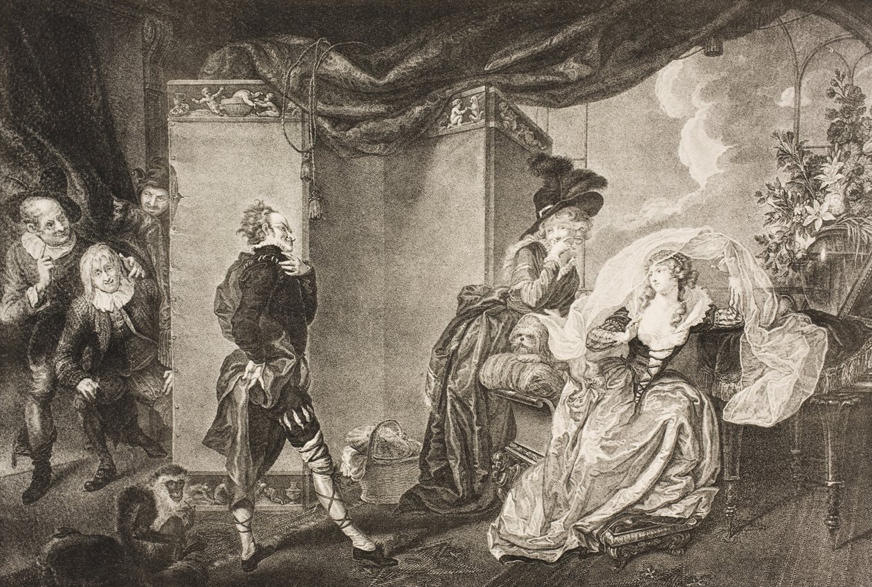 O jardim de Olivia, Ato III, Cena IV, de &39;Noite de Reis, ou o que quiser&39;, da Galeria Boydell Shakespeare, publicada no final do século XIX de Johann Heinrich Ramberg