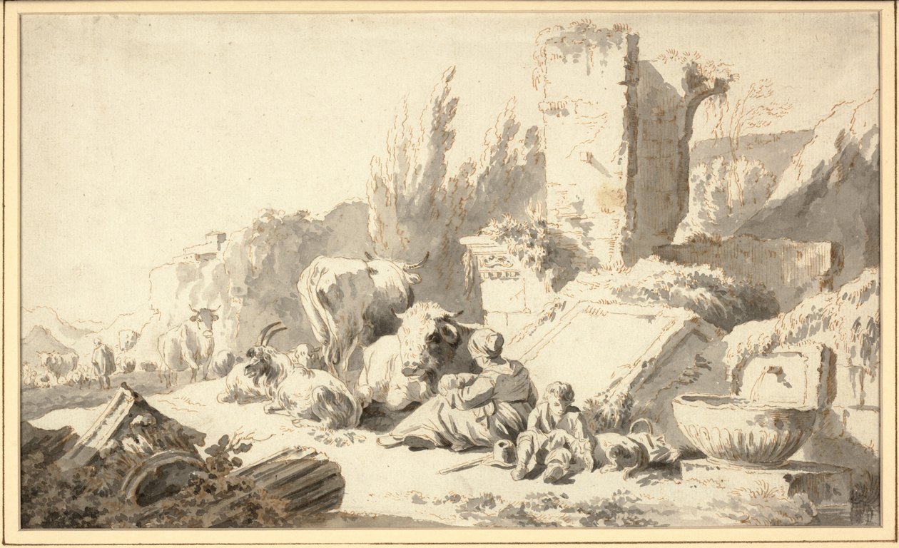 Um tropeiro com sua família e gado ao lado de ruínas clássicas de Johann Heinrich Roos