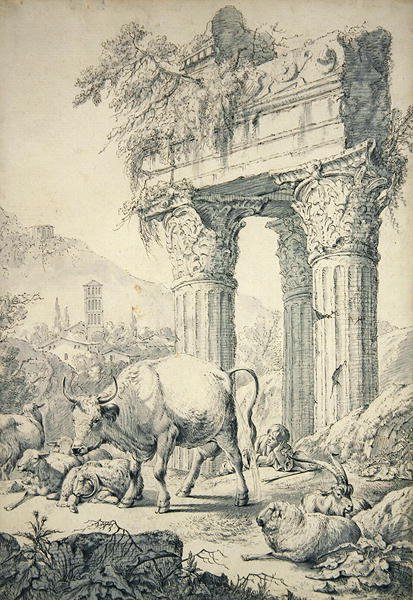Vaca na paisagem campagniana (grafite e caneta sobre papel) de Johann Heinrich Roos
