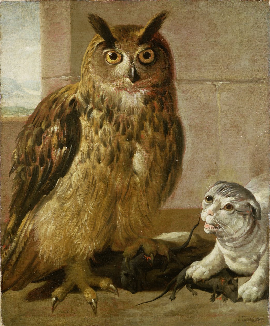 Coruja de águia e gato com ratos mortos de Johann Heinrich Roos