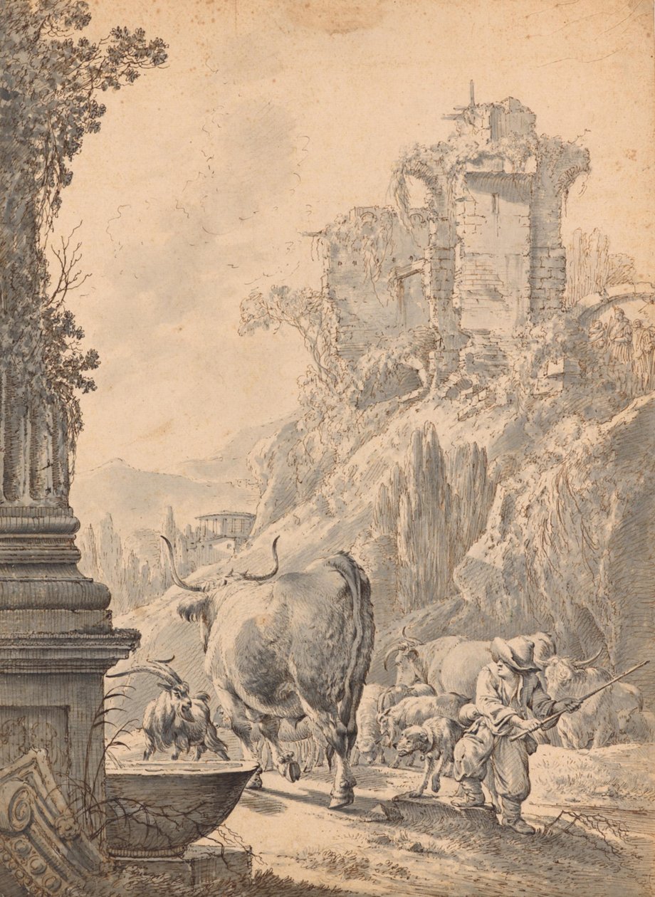 Uma paisagem italiana com gado de Johann Heinrich Roos