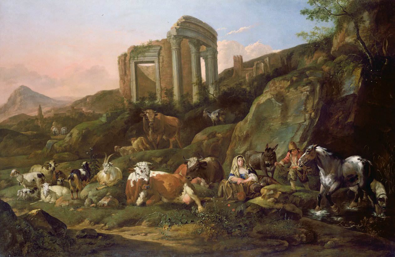 Animais de fazenda em uma paisagem clássica, 1684 de Johann Heinrich Roos