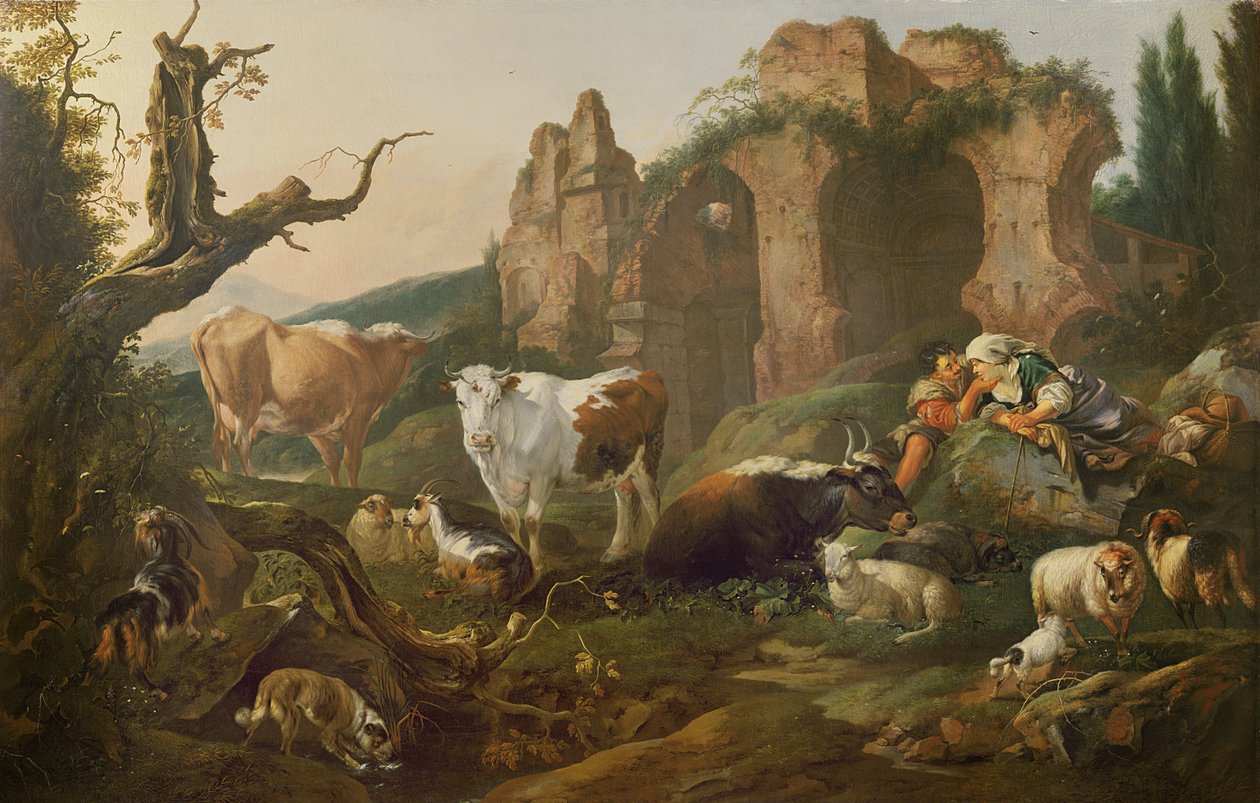 Animais de fazenda em uma paisagem, 1685 de Johann Heinrich Roos