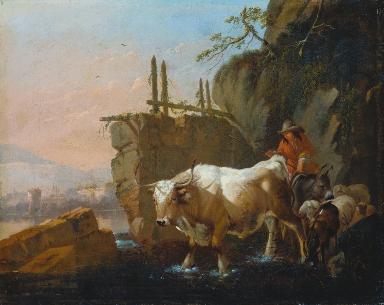 Pastores a conduzir gado através de um vau de Johann Heinrich Roos