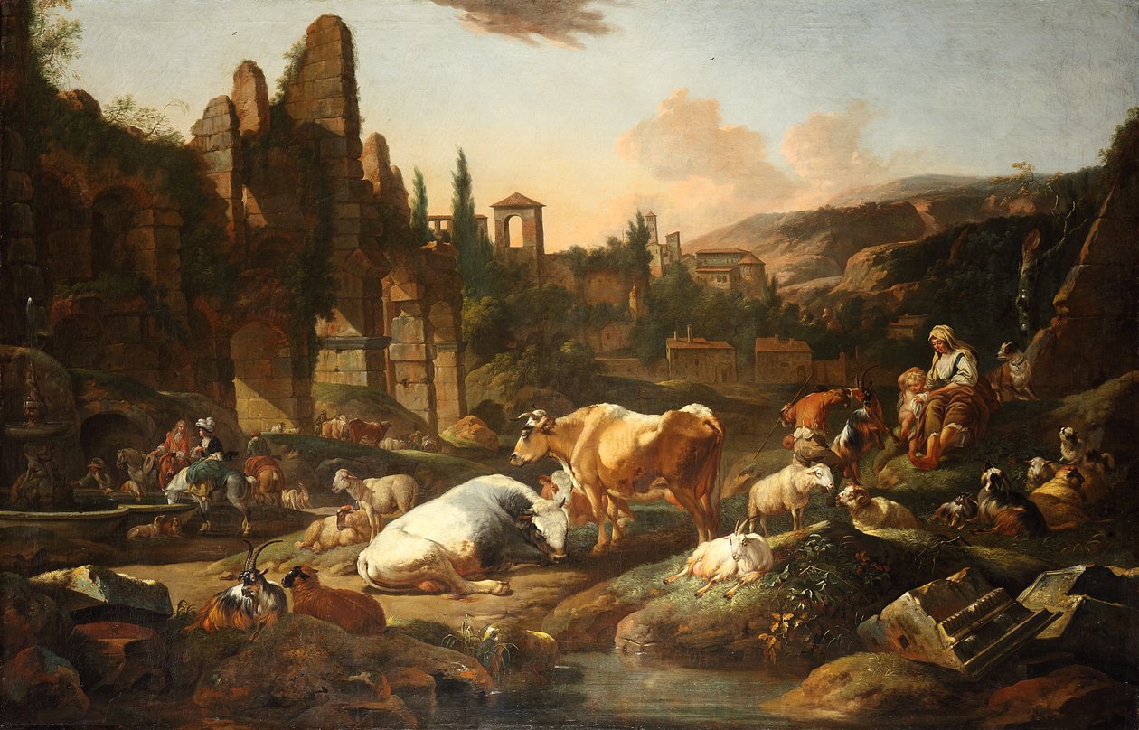 Paisagem italiana com gado de Johann Heinrich Roos